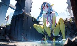 1girls ai_generated blue_submarine_no._6 breasts colored_skin female fish fish_girl fish_humanoid grey_hair humanoid hybrid long_hair marine monster_girl multicolored_skin mutio nude nude_female pointy_ears red_eyes silver_hair white_skin yellow_skin