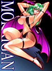 arms_behind_head bat_wings blush breasts commentary_request darkstalkers female green_eyes green_hair hamon_ai head_wings large_breasts legs long_hair long_legs morrigan_aensland purple_wings sideboob solo succubus succubus_wings thighs vampire_(game) wings