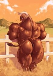 1boy anthro ass biceps big_ass big_butt big_thighs bondage bottomless bovine brown_hair bull cattle clenched_teeth clothed clothing cloud farm fence field furry grass hair hay hi_res horn horns huge_ass huge_butt huge_thighs large_ass male male_only mammal manly mature_male mezcal moist mountain muscles muscular muscular_male nature no_humans nude outside plant pose raised_tail ranch sky smile solo standing sweat sweaty tail teeth thick_thighs thong topless tree underwear wet