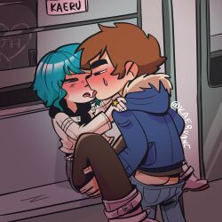 1boy1girl ass_grab black_eyes blue_hair blush brown_hair clothed female hand_on_shoulder implied_sex kaerunee male ramona_flowers ring saliva_string scott_pilgrim scott_w_pilgrim short_hair star sweatdrop