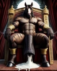 1boy ai_generated anthro anthrofied cum cumshot equid equine equine_genitalia equine_penis horse horse_penis horsecock huge_balls huge_cock lonely_man monster monster_cock muscular muscular_anthro muscular_male original original_character striped_fur stripes throne throne_room