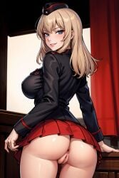 ai_generated ai_hands anus bare_legs black_jacket blue_eyes fat_ass from_behind girls_und_panzer itsumi_erika kuromorimine_military_uniform legs_apart no_panties platinum_blonde_hair pussy red_skirt smile