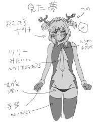 1girls anger_vein arrow_(symbol) bare_shoulders blush blush_lines blushing doki_doki_literature_club female female_only kentylevel monochrome natsuki_(doki_doki_literature_club) navel neck_tie necktie panties solo text tie