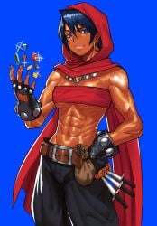 1girls abs bag belt cessa coin dagger dungeons_and_dragons fingerless_gloves gem hood moriah muscular muscular_female navel simple_background smiling solo tagme tan_body toned_female weapon