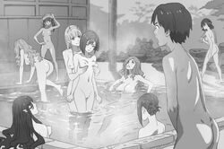 1boy 6+girls 8girls breasts comic crossover darling_in_the_franxx hiro_(darling_in_the_franxx) ichigo_(darling_in_the_franxx) ikuno_(darling_in_the_franxx) kill_la_kill kiryuuin_satsuki kokoro_(darling_in_the_franxx) matoi_ryuuko miku_(darling_in_the_franxx) monochrome multiple_girls nana_(darling_in_the_franxx) nude onsen pool pool_party siblings sisters towel water yuri zero_two_(darling_in_the_franxx)