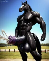 1boy ai_generated anthro cum cumshot equid equine equine_genitalia equine_penis horse horsecock huge_balls huge_cock lonely_man monster_cock muscular_anthro