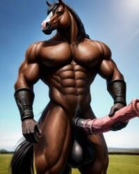 1boy ai_generated anthro equid equine equine_genitalia equine_penis horse horsecock huge_balls huge_cock lonely_man monster_cock muscular_anthro