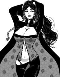 1girls armpits black_and_white cape cherry_wine0 clothed fine_art_parody large_breasts lisa_del_giocondo long_hair majo_taisen midriff mona_lisa pose smile tagme twin_braids visible_underwear witch