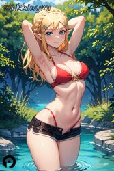 ai_generated armpits arms_behind_head arms_up bangs bikini black_shorts blonde_hair blue_eyes blush braid breasts breath_of_the_wild cleavage closed_mouth collarbone cowboy_shot crown_braid day elf_ears female hair_ornament hairclip highleg highleg_bikini long_hair looking_at_viewer medium_breasts midriff navel non-nude open_fly outdoors pikkiwynn pointy_ears princess_zelda red_bikini red_bra short_shorts shorts sidelocks smile solo stomach string_bikini swimsuit teal_eyes the_legend_of_zelda the_legend_of_zelda:_breath_of_the_wild thick_thighs thighs tree unbuttoned_shorts wading water zelda_(breath_of_the_wild)