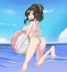 2023 ass asuka_(senran_kagura) ball bare_legs barefoot beach beach_ball bikini blue_sky breasts brown_eyes brown_hair check_commentary cloud commentary commentary_request feet female foot_out_of_frame highres holding holding_ball horizon jeaike_art legs looking_back marvelous ocean open_mouth panties ponytail rainbow_bikini running sea_spray senran_kagura shiny_skin sidelocks sky smile soles solo striped striped_bikini sweat swept_bangs swimsuit toes translucent water wet