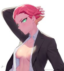 1girls amanda_o'neill dasdokter exposed_breasts female female_only green_eyes little_witch_academia open_shirt orange_hair pink_hair short_hair stomach suit tomboy two_tone_hair