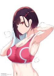 adult_swim amai-pai armpits big_breasts gym_clothes hairless_armpits mikazuki_shizuka post_workout red_eyes short_hair solo solo_female sports_bra sweat tagme toonami zom_100_zombie_ni_naru_made_ni_shitai_100_no_koto