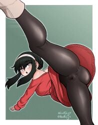 1girls anus anus_peek anus_visible_through_clothes ass ass_focus black_hair boots female female_only kicking leggings light-skinned_female lordguyis pussy pussy_visible_through_clothes red_eyes red_sweater see-through_clothing solo spy_x_family sweater thighs yor_briar yor_forger