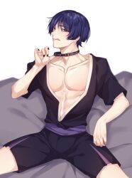 blue_eyes blue_hair clothed collar genshin_impact hand_on_collar holding_collar holding_object looking_at_viewer male_with_painted_nails open_clothes open_shirt rourouki scaramouche_(genshin_impact) sitting smile smiling_at_viewer solo solo_male spread_legs tongue_out