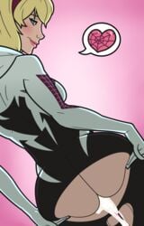 ass back_view blonde_hair cum cum_drip cum_in_ass cum_leaking dat_ass gwen_stacy hairband heart human looking_at_viewer marvel smile solo spider-gwen spider-man_(series) spreading_ass suplexpizza text_bubble torn_clothes