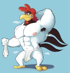 abe_waton abs absurd_res anthro armpit_hair avian bird bodily_fluids body_hair bulge chicken clothing foghorn_leghorn galliform gallus_(genus) hi_res jockstrap looney_tunes male phasianid solo sweat underwear warner_brothers