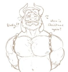 1boy 2023 abs anthro asgore_dreemurr bara beard chest christmas dilf facial_hair furry furry_only goat horn horns long_ears looking_uncomfortable lucasso972 male_only muscular muscular_male pecs questionable_consent solo solo_focus text undertale undertale_(series)