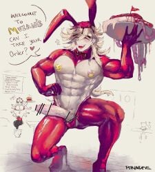 balls balls_in_panties bar_censor big_pecs big_penis blonde_hair blood bunny_ears censored covered_nipples crouching demon_slayer douma english_text erection fangs guro gyokko hi_res high_heels huge_cock intestines kimetsu_no_yaiba latex long_hair long_hair_male male male_only mcdonald's muscular muscular_male organs pale-skinned_male pale_skin parody pasties pecs penis penis_out pokingdough reverse_bunnysuit smile speech_bubble tray veiny_penis waiter