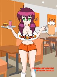 ass ass_expansion bimbofication breast_expansion breasts food gemna_(mezz+pokemongirl) glasses green_eyes happy_trance hooters hoothoot huge_breasts huge_hips laprasking looking_at_viewer nintendo original pokemon purple_hair short_shorts tank_top thick_thighs tray waitress