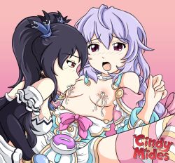 2018 2girls black_hair blush breast_sucking breastmilk breasts cindymides lactating lactation neptunia_(series) nipples noire open_mouth plutia purple_eyes purple_hair red_eyes small_breasts striped_legwear twintails yuri