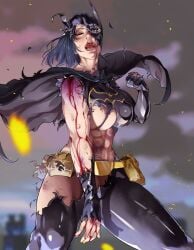 abs albaro batgirl batman_(series) beaten beaten_up belt blood blood_on_arm blood_on_face blood_on_shoulder broken_armor bruise cassandra_cain damaged_clothes dc_comics injury mask torn_clothes torn_mask underboob