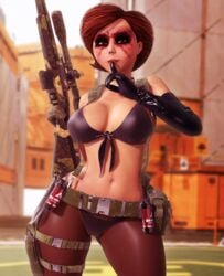 1girls 3d belt clothed cosplay disney female female_only firearm fully_clothed gun helen_parr human metal_gear_solid pixar quiet_(metal_gear)_(cosplay) rasmus-the-owl rifle smooth_skin solo solo_female tagme the_incredibles