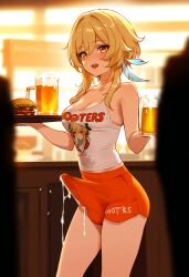 ai_generated beer blonde_hair bulge bulge_through_clothing cum cum_through_clothes cumdrip doseogwan ejaculation erection erection_under_clothes futa_only futanari genshin_impact handsfree_ejaculation hooters looking_at_viewer lumine_(genshin_impact) open_mouth short_hair shorts smile sweat waitress