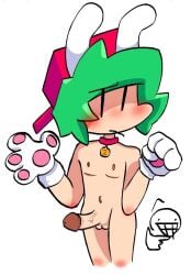 1male blush bunny_ears cat_collar cat_paws collar green_epik green_hair looking_at_viewer no_clothes no_clothing original_character penis red_cap summydump