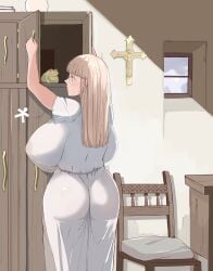 1girls big_breasts blonde_female blonde_hair blue_eyes church cuteakita frog huge_breasts locker original