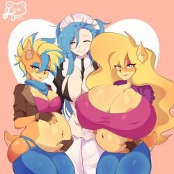 1futa 2girls akeno_(itsnafulol) anthro bandicoot big_breasts blonde_hair blue_hair bottomwear breast_size_difference breasts canon_x_oc clothing coco_bandicoot crash_(series) denim denim_bottomwear female female/female fingerless_gloves green_eyes hair_between_eyes holding_belly huge_breasts human human_on_anthro intersex intersex/female interspecies jacket jeans lipstick louisesait makeup mascara multiple_pregnancies pirate_tawna pregnant pregnant_anthro pregnant_female smile tank_top tawna_bandicoot tawna_bandicoot_(crash_4) thick_thighs wide_hips