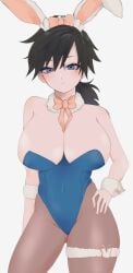 big_breasts black_hair blue_eyes blush bunny_ears bunny_girl bunnysuit cleavage demon_slayer detached_collar expressionless female female_only garter genderswap_(mtf) hand_on_hip huge_breasts kimetsu_no_yaiba looking_at_viewer nenedon pantyhose ponytail rule_63 solo thigh_strap tomioka_giyuu wrist_cuffs