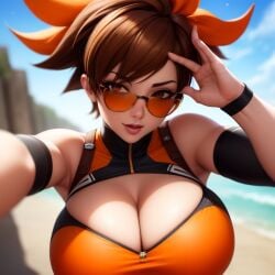 ai_generated brown-tinted_eyewear brown_hair exe56 huge_breasts lena_oxton looking_over_eyewear looking_over_glasses looking_over_sunglasses orange_clothing overwatch overwatch_2 seductive_look seductive_smile selfie sunglasses tinted_eyewear tracer