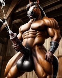 1boy ai_generated anthro anthrofied cum cumshot equid equine equine_genitalia equine_penis horse horse_penis horsecock huge_balls huge_cock lonely_man monster monster_cock muscular muscular_anthro muscular_malern