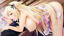 1boy after_fellatio ahoge ai_love:_koisuru_otome_wa_kikai_shikake apron bent_over blonde_hair blue_eyes blush breasts censored cum cum_in_mouth dutch_angle female game_cg hair_flaps hairband large_breasts long_hair lux_(ai_love) mosaic_censoring nipples open_mouth penis pink_apron saeki_hokuto solo_focus tongue tongue_out