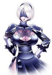 animal_ears blindfold bob_cut breasts cat_ears cleavage commentary_request female hamon_ai huge_breasts mole mole_under_mouth nier:_automata nier_(series) solo yorha_2b