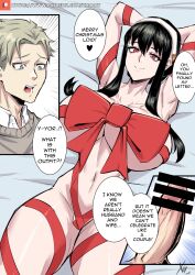 1boy 1girls big_breasts big_penis black_hair breasts censored christmas christmas_outfit comic comic_page english_text female female_focus functionally_nude gift_wrapped huge_breasts large_breasts large_penis loid_forger male milf penis red_eyes ribbon ribbon_bondage spy_x_family straight text thick_thighs xhaart yor_briar yor_forger