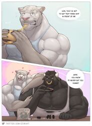 2boys 2males anthro arguing bara beef biceps big_muscles bovine cheeseburger eating feline furry gay gay_couple hamburger hearts_around_head male_only melted_cheese non-sexual pecs septum_piercing sushi tagme text text_bubble vegan veiny_muscles yaoi zcik