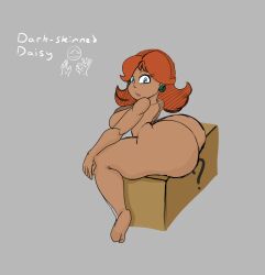 ?_block big_breasts breasts dark-skinned_female dark_skin earrings female looking_back mario_(series) naked nintendo nude nude_female orange_hair princess_daisy rougethedaisy shortstack sitting solo super_mario_bros. thick_thighs wide_hips