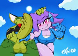 2016 anthro balls big_balls big_breasts breasts carol_tea cleavage clothed clothing dickgirl duo erection excito female freedom_planet futanari huge_cock intersex male penis sash_lilac unknown_species video_games