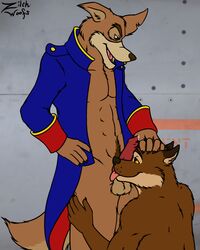 anthro balls bottomless brown_eyes brown_fur brown_nose canine clothed clothing coyote cum disney don_karnage fur gay half-closed_eyes jacket licking male male_only mammal muscular penis red_wolf schizowolf talespin tongue tongue_out wolf yaoi