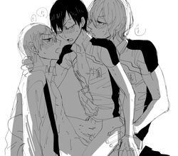 3boys anal arakita_yasutomo blush double_penetration group_sex male_only monochrome multiple_boys penetration penis sex shinkai_hayato sitting_on_person straddling testicles threesome white_background yaoi yowamushi_pedal