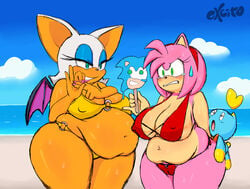 2girls all_fours amy_rose anal bbw beach bikini cameltoe chao_(sonic) cheese_the_chao clothing dessert doggy_style excito food from_behind_position ice_cream implied inviting multiple_girls nude obese_female overweight overweight_female rouge_the_bat seaside seductive sex sonic_(series) surprise_buttsex swimsuit