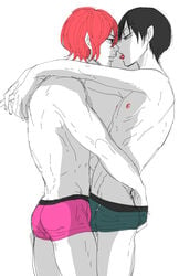 2boys against_wall arakita_yasutomo ass bulge frottage male_only multiple_boys muscle nipples partially_colored shinkai_hayato tongue topless underwear white_background yaoi yowamushi_pedal