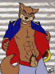 animal_genitalia anthro balls brown_eyes brown_fur brown_nose canine clothing disney don_karnage fur jacket male_only mammal melee_weapon muscular pants pubes red_wolf schizowolf sheath solo sword talespin weapon wolf