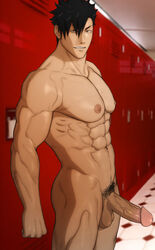 1boy abs balls bara biceps big_penis black_hair brown_eyes erect_nipples erection haikyuu!! human human_only hydaria kuroo_tetsurou locker lockers looking_at_viewer male male_chest male_focus male_only muscle muscles muscular muscular_male muscular_thighs naughty_face nipples nude nude_male pecs pectorals pose posing pubic_hair six_pack smirk smirking solo solo_focus solo_male standing teeth teeth_showing veiny_penis