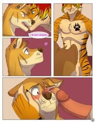 anthro balls blue_eyes canine comic dialogue english_text erection feline male mammal mr._baton nude penis piercing purple_eyes text tiger yaoi