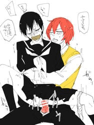 2boys anal anus arakita_yasutomo blush costume male_only multiple_boys partially_colored penis restrained sex shinkai_hayato tagme tape white_background yaoi yowamushi_pedal