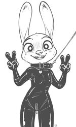 4_fingers alec8ter anthro black_and_white blush bodysuit bondage buckteeth clothed clothing collar collar_tag crotch_zipper disney female flat_chest flat_chested front_view gimp_suit judy_hopps lagomorph leash looking_at_viewer mammal monochrome open_mouth png rabbit rubber signature simple_background smile solo teeth text tight_clothing v_sign white_background zipper zootopia