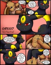 2016 absurd_res anus ass big_butt black_eyes black_nose brown_fur comic dialogue duo eevee eeveelution english_text fan_character female feral fur greed_(kuroodod) hi_res jolteon kuroodod long_ears lying male mammal nintendo nude on_back open_mouth orange_sclera page_35 paws pokémon_(species) pokemon pokemon_(species) sam_(kuroodod) smile speech_bubble teeth text tongue umbreon video_games white_fur yellow_fur