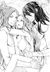 2boys bandaged_hands breasts double_penetration female group_sex hair_ornament highres large_breasts long_hair monochrome multiple_boys muscle nipples nude open_mouth original shabon smile threesome